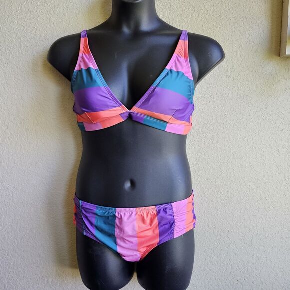 Modcloth Swim 2-Piece Colorblock Stripe Swimsuit Size XL Beach - Picture 1 of 6